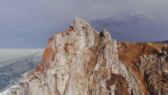 Aerial View of Winter Landscape of Rocky Mountains on Lake Baikal.