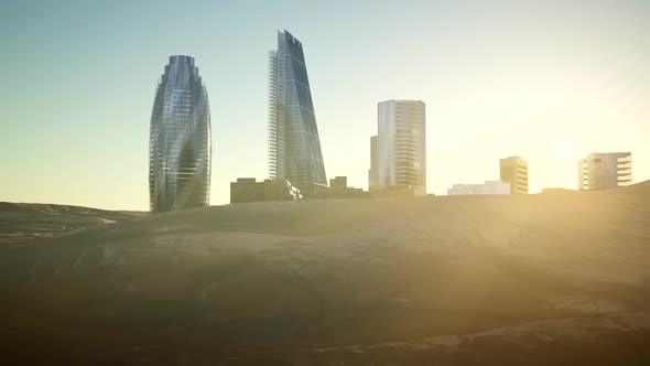 City Skyscrapes in Desert at Sunset