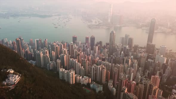 Aerial view of Hong Kong Downtown in city in Asia. Top view of skyscraper and high-rise buildings.