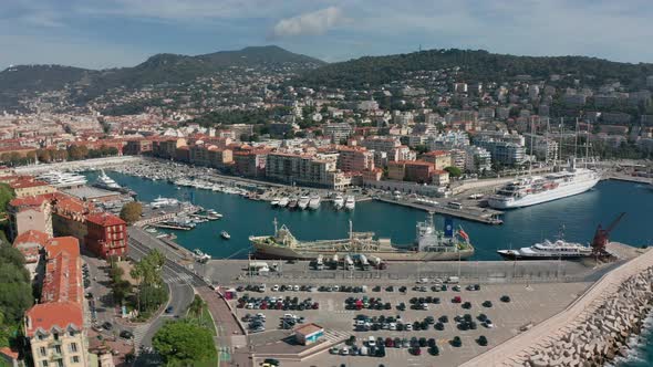 Aerial View. View of Old Port of Nice with Luxury Yacht Boats, France.