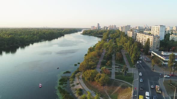 Aerial Drone Footage of Rusanivka District in Kiev at Sunset Ukraine