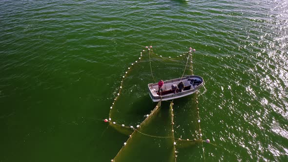 Aerial View to the Baltic Sea with the Fish Traps and Fishers