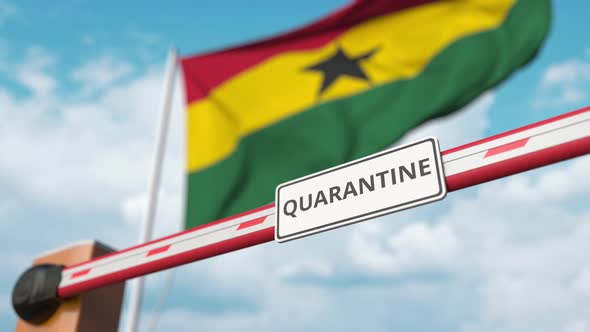 Opening Boom Barrier with QUARANTINE Sign at Flag of Ghana