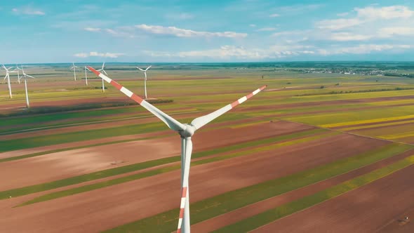 Aerial View of Wind Turbines Farm in Field. Austria. Drone View on Energy Production