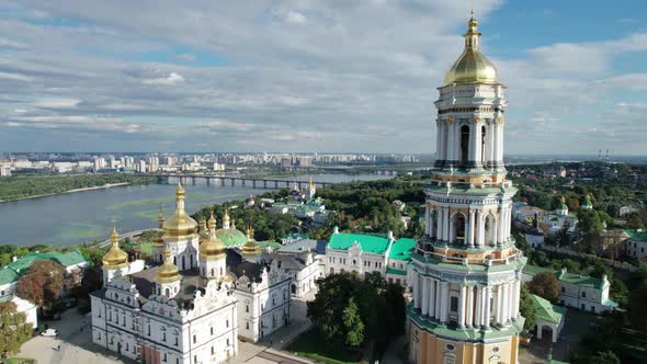 Aerial View of Kiev Pechersk Lavra Great Lavra Bell Tower Orthodox Monastery