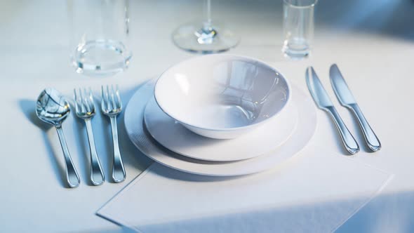 Elegant tableware at the restaurant. Dinner set at the wedding reception. 4K HD