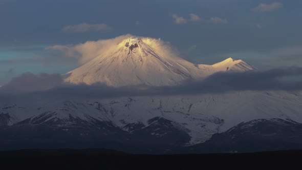 Winter Volcanic Landscape at Sunset Stunning View of Cone of Active Volcano