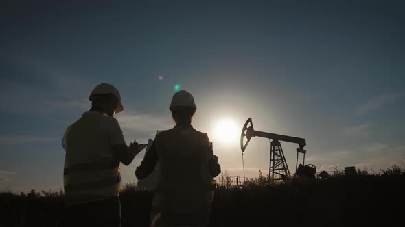 A Team Engineers Discussing the Maintenance of a Oil Pump Field. Engineering Team Working in Oil