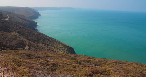 Stunning Views Of Chapel Porth Beach With Wheal Coates Tin Mine At Background In North Cornwall, Eng