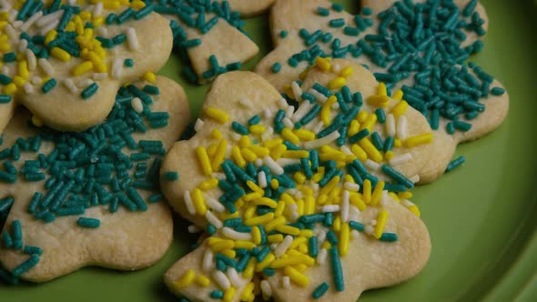 Cinematic, Rotating Shot of Saint Patty's Day Cookies on a Plate