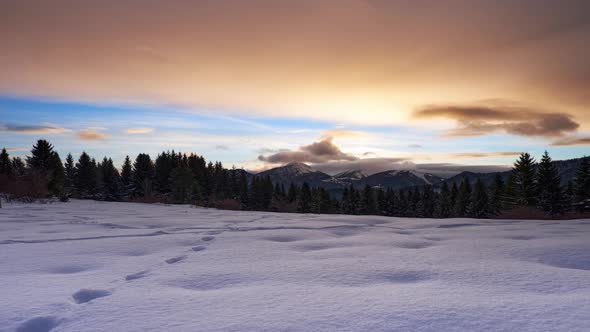 Winter Mountain Landscape Covered with Snow at Dusk