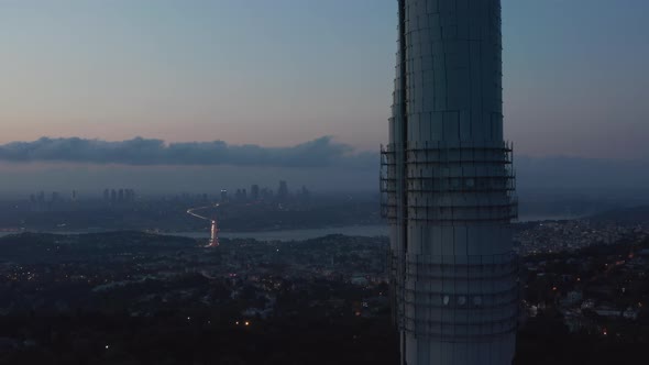 Blinking Flashing Lights on Istanbul TV Tower with Amazing View Over All of Istanbul, Aerial Crane