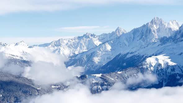 Panorama of French Alps at Winter with Snow Covered Mountains