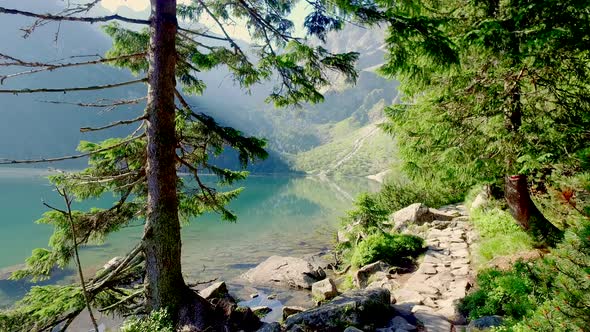 Famous Polish mountain lake in the Tatras at sunrise, Poland