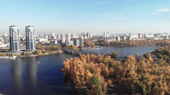 The Left Bank of Kyiv in the Fall. Hydropark. Ukraine. Dnipro River. Aerial View