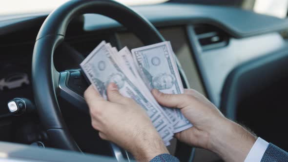 Businessman Counting Money Usd Bills Payday Inside Car