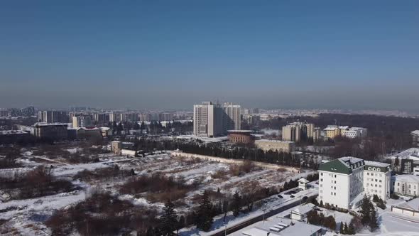 Aerial view of a drone flying over the city.