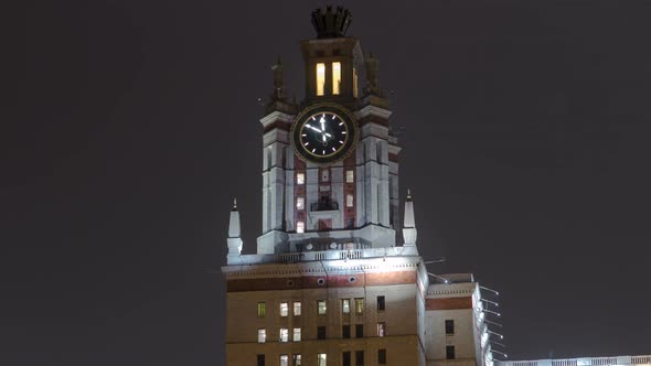 Tower with Watch of The Main Building Of Moscow State University On Sparrow Hills At Winter