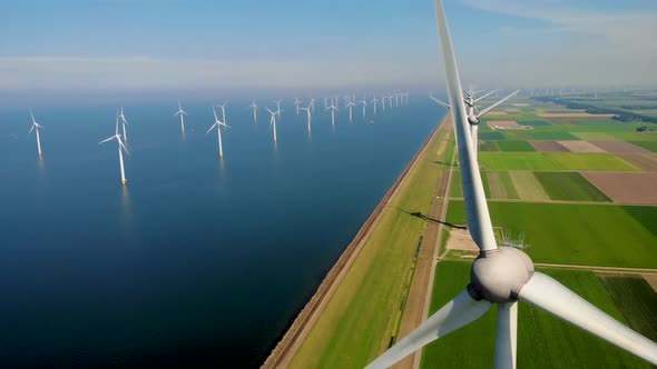 Windmill Park in the Ocean Drone Aerial View of Windmill Turbines Generating Green Energy Electric