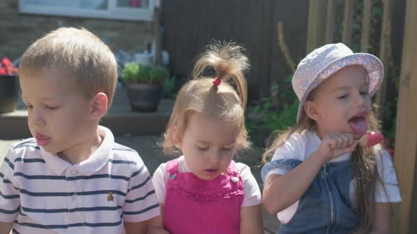 Three Cute Little Children Enjoys Delicious Ice Cream Cone