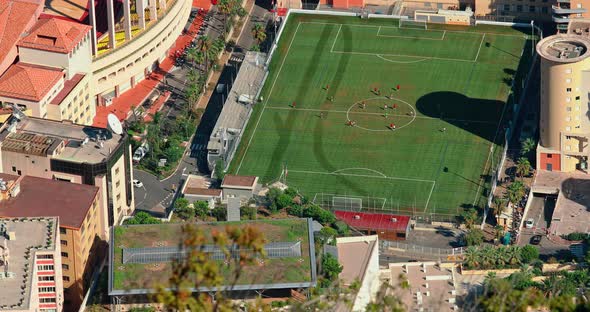 Aerial View of Training Football Field of Monaco at Sunset Monte Carlo View From La Turbie Mountain