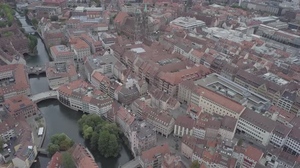 Aerial view of Nuremberg old city on Pegnitz river Half-timbered buildings Church Sankt Sebald roof 