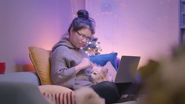 working at home asian female woman working with hand use laptop while cuddle play with lap dog