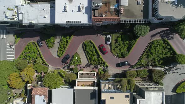 Aerial view of cars driving on Lombard Street