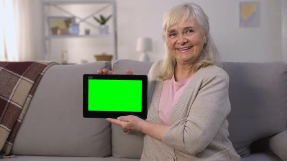 Smiling Mature Lady Holding Green Screen Tablet in Hands, Easy Banking, Shopping