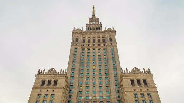 Time Lapse of the Spire of Palace of Culture and Science, Historic High-rise Building in the Centre