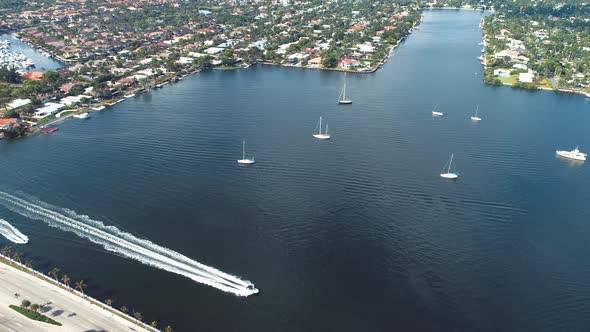 Panning wide landscape of coast city of Miami Florida United States