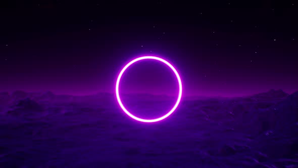 Glowing Purple Circle Light Logo Frame on the Dark Night Foggy Planet Ground