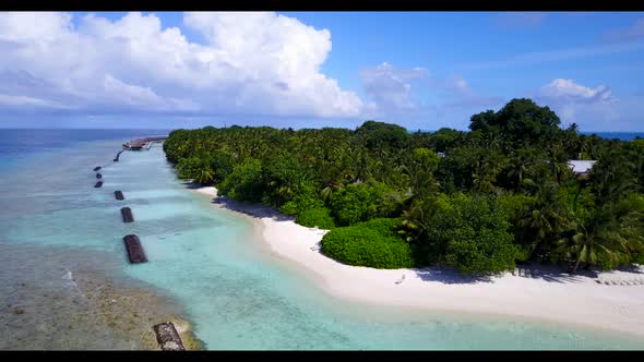 Aerial flying over abstract of tropical resort beach trip by blue lagoon and white sand background o