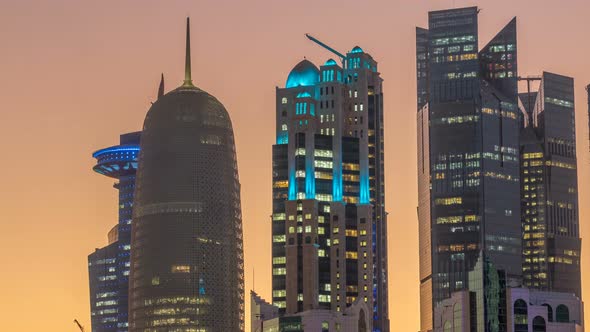 The Highrise District of Doha Day to Night Timelapse After Sunset