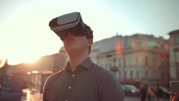 Attractive Guy and Handsome Girl in Vr Glasses in City Crowded Street.