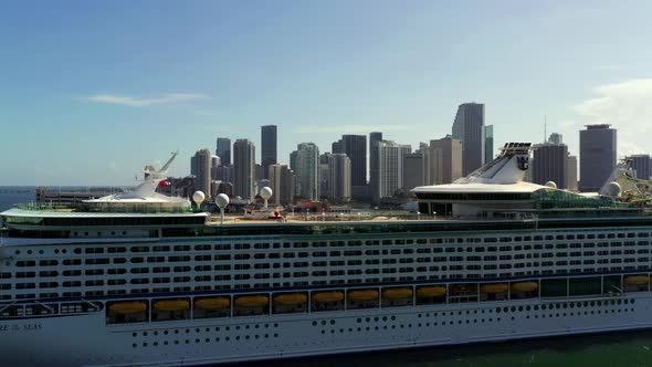 Aerial Video Cruise Ship At Port Reveal Downtown Miami In Background