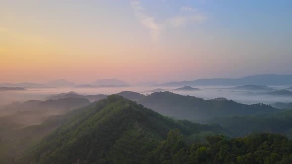 Aerial view video nature morning time and sea of fog mountain