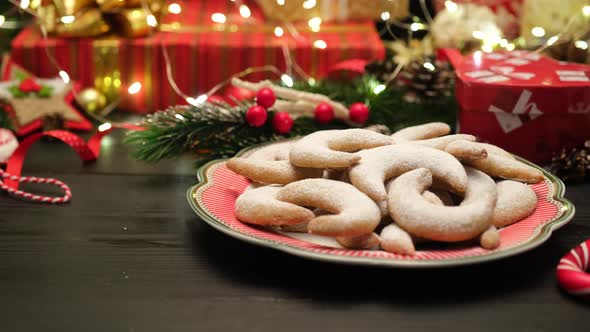 Plate of Traditional German or Austrian Vanillekipferl Vanilla Kipferl Cookies