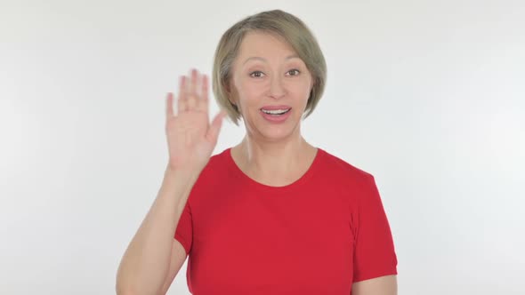 Old Woman Waving Hand to Say Hello on White Background