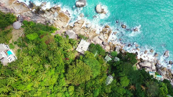 Aerial drone panorama of perfect lagoon beach voyage by blue ocean with white sand background of a d