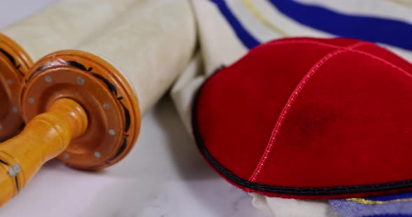 Orthodox Jewish Prepared with Torah Scrolls Kosher Matzah on Traditional Pesach Jewish Passover