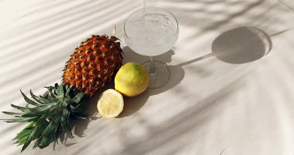 Sunny Footage of Pineapple Lemon Palm Tree Shadows and a Glass of Soda