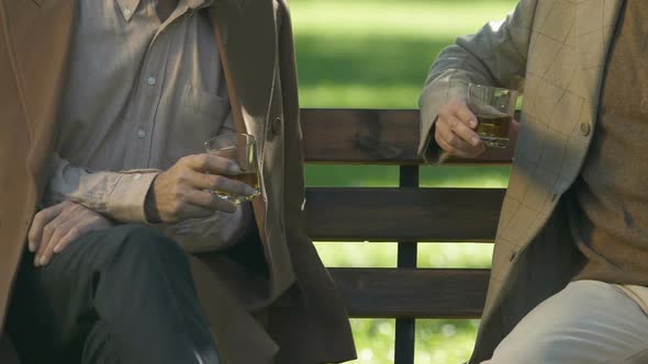 Senior Friends Clinking and Drinking Whisky, Sitting Park, Countryside Weekend