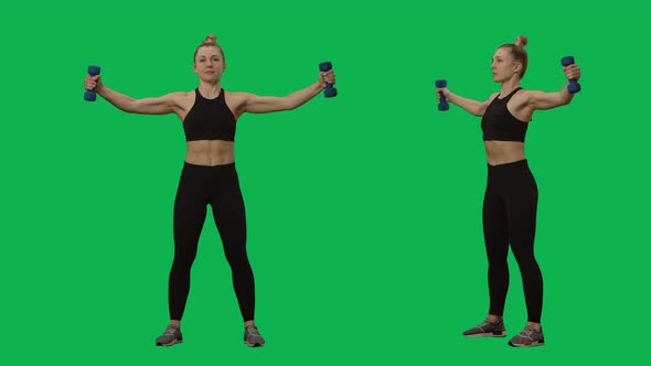 Young Woman in Sportswear Does Exercises with Dumbbells