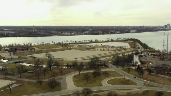 Aerial video Belle Isle Michigan on the river winter