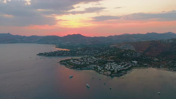 Aerial Drone View of District of Bodrum Bitez at Beautiful Sunset