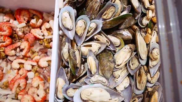 Mussels, Shrimp and Fish Laid Out on the Counter in the Seafood Market.