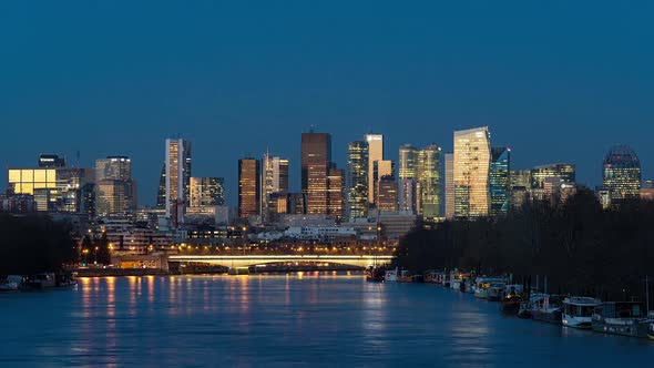 Winter Sunset over La Defense Business District, Seine River and Towers