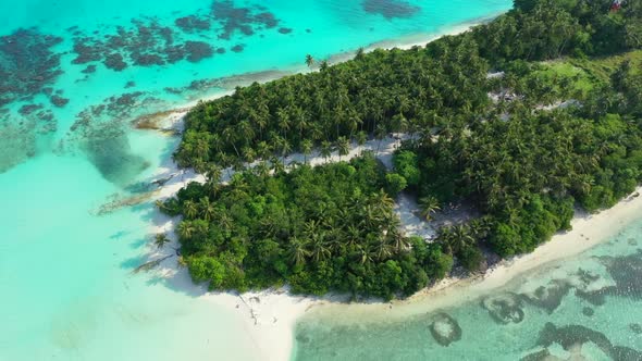 Aerial above sky of exotic lagoon beach lifestyle by blue lagoon with white sandy background of a pi