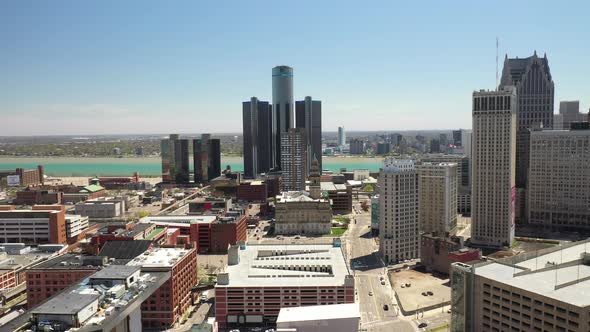 Renaissance Center, world headquarters of General Motors, in Detroit, Michigan with drone video movi